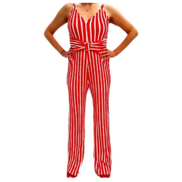 AKIRA Belted Spaghetti Strap V-Neck Jumpsuit Candy Cane Red White Size Small - Picture 3 of 8